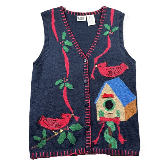 Capacity Petites Sweater Vest Cardinals Holly Christmas Button Front Medium I159 - Picture 1 of 9